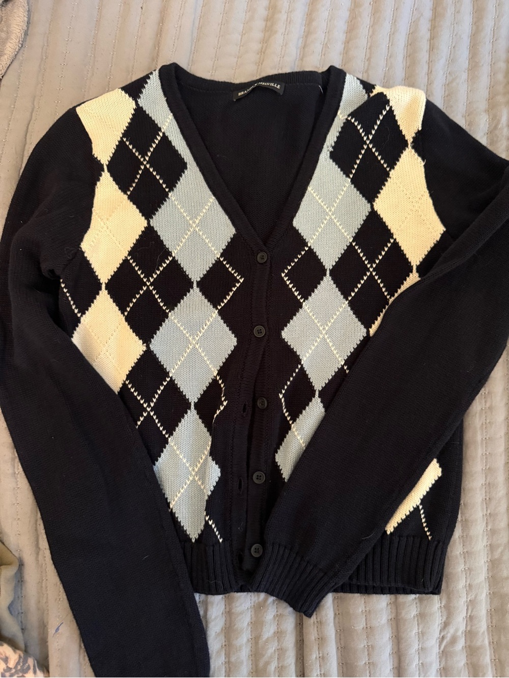 Brandy Melville Black Argyle Cardigan with Light Blue and Cream Diamonds